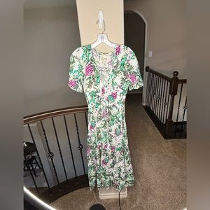 Sunday Mi Amor Floral Leaf Maxi Dress Size XS Bohemian Flower Vacation
